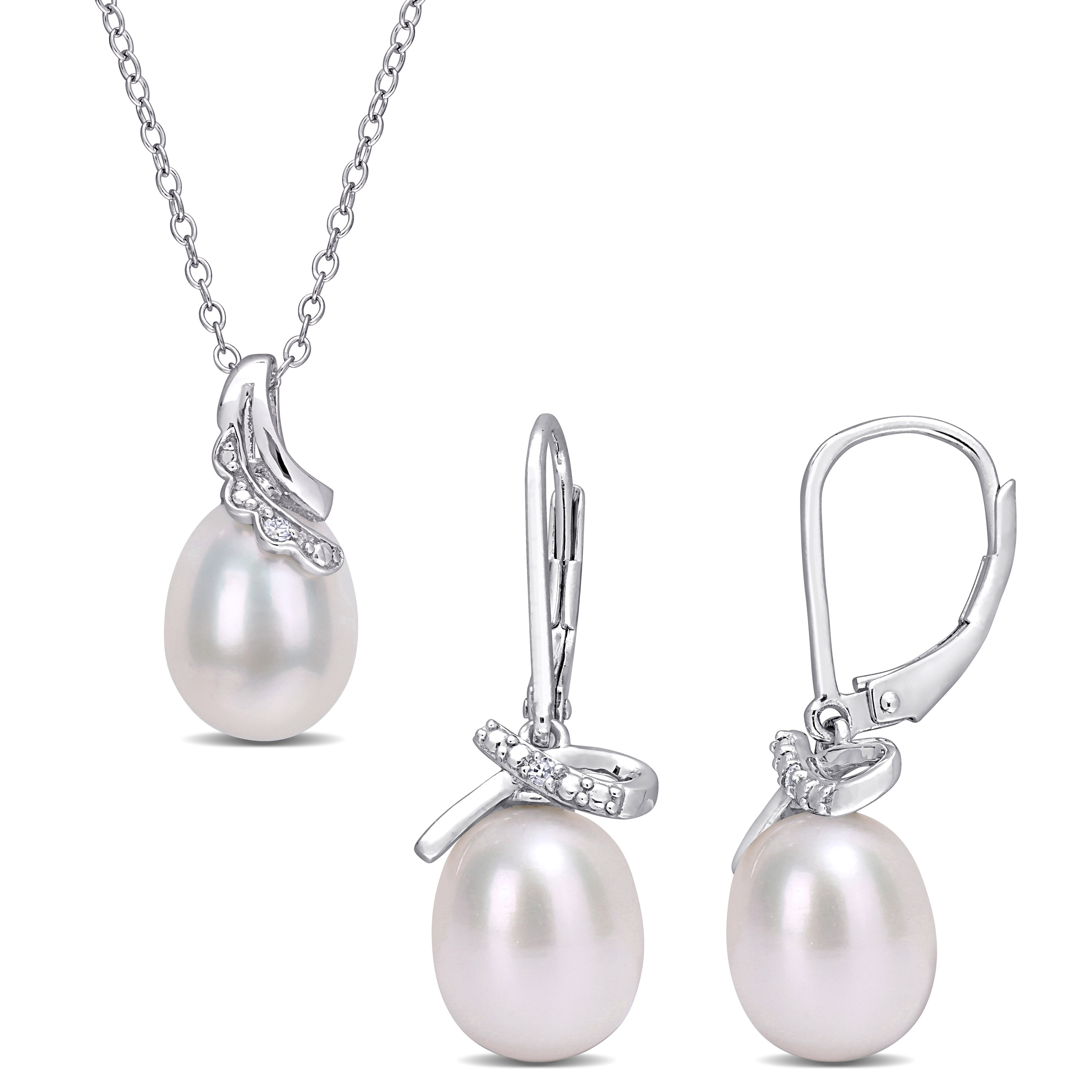 Miadora Cultured FW Pearl & Diamond Accent Drop Earrings & Necklace Set in Sterling SIlver (7.5-9mm)
