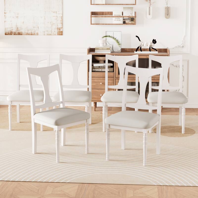 Upholstered Dining Chairs Set of 6, Farmhouse Armless Kitchen Chairs with Solid Wood Legs for Dining Room, Living Room - Beige+White