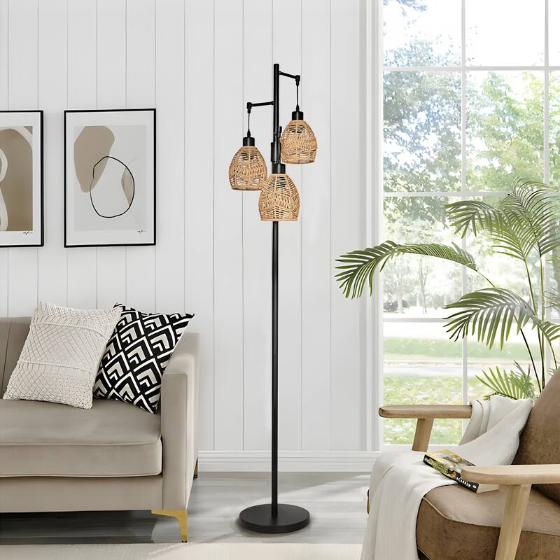 3-Light Woven Rattan Globe Tree Tall Floor Lamp - Foot Switch - Black