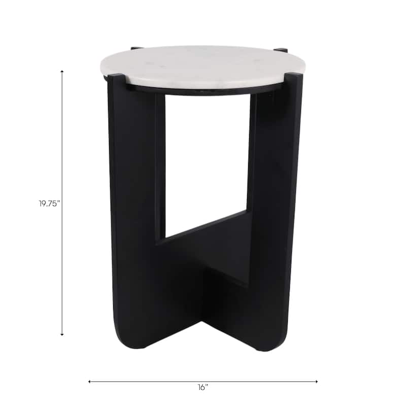Marble Wood Accent Table Round Top Frame Modern - 20" White Black - 16" x 16" x 19.75"