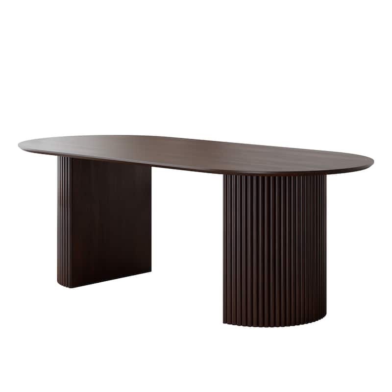 Modern Oval Wooden Dining Table - 79" Large Size, Sturdy Fluted Base, Natural Oak Finish for Dining Room