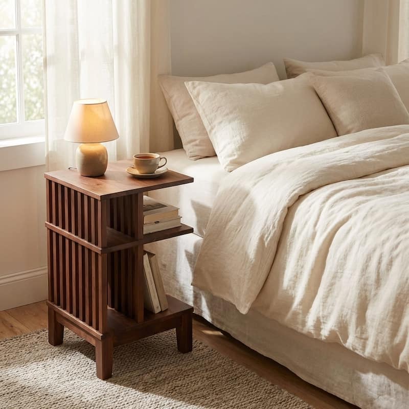 Dark Walnut Hardwood Nightstand Side Table End Table - Unique Scandinavian Design