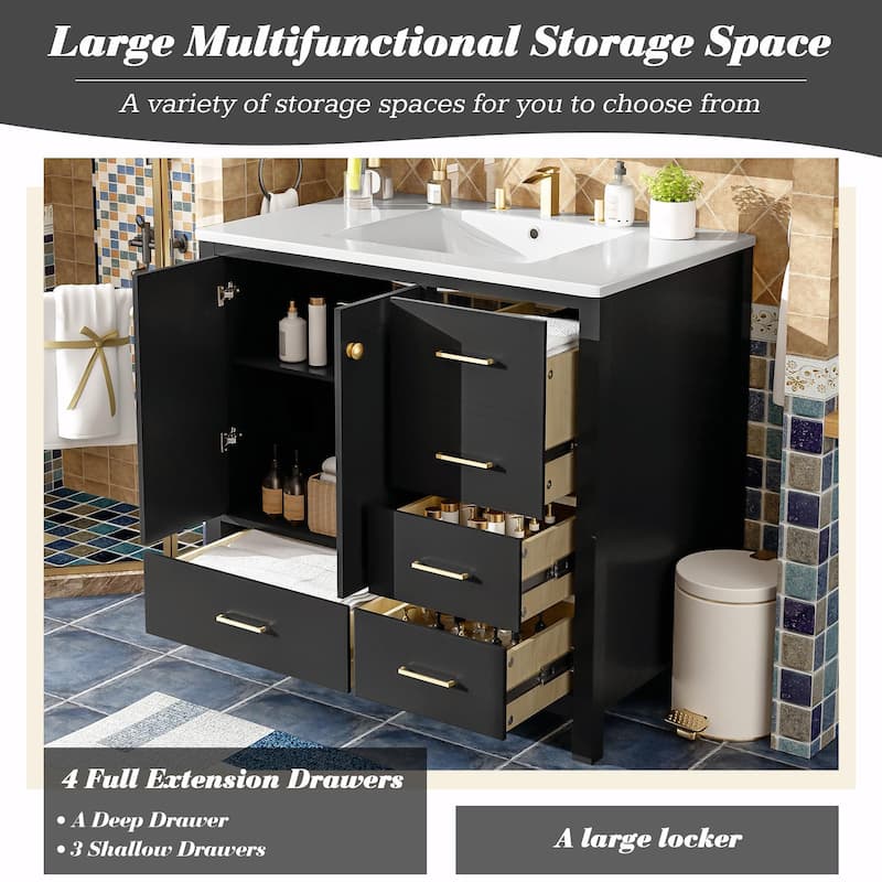 36'' Bathroom Vanity with Ceramic Sink Combo, Solid Wood Frame Bathroom Storage Cabinet