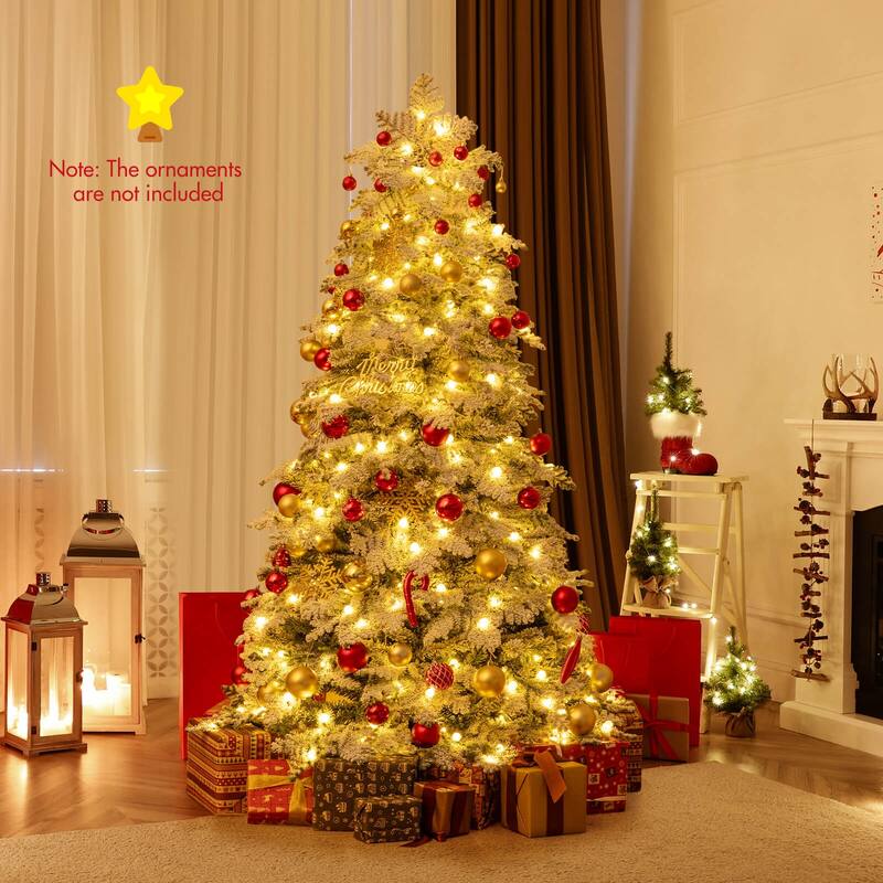 Costway 6/7 FT Artificial Snow-flocked Christmas Tree with 130 Balls, - See Details