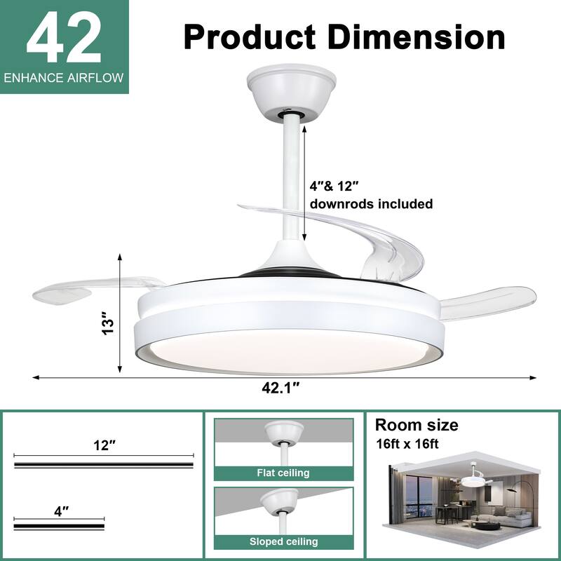 Cusp Barn 42 Inch Retractable Ceiling Fan with Lights, Modern Silent DC Motor 6 Speeds Chandelier Ceiling Fan for Bedroom