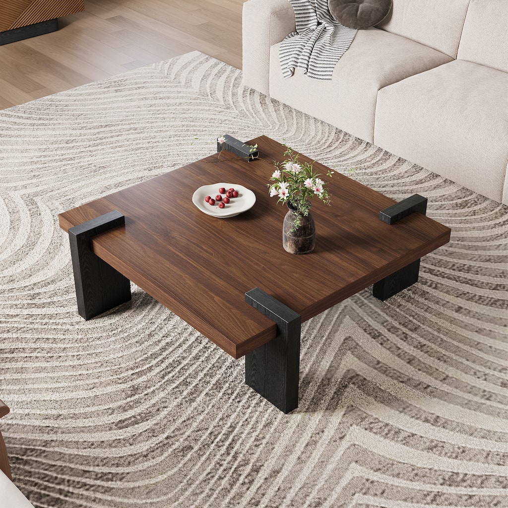 35.43" Mid Century Modern Square Coffee Table, Brown Solid Wood Veneer,4 Black Wood Legs