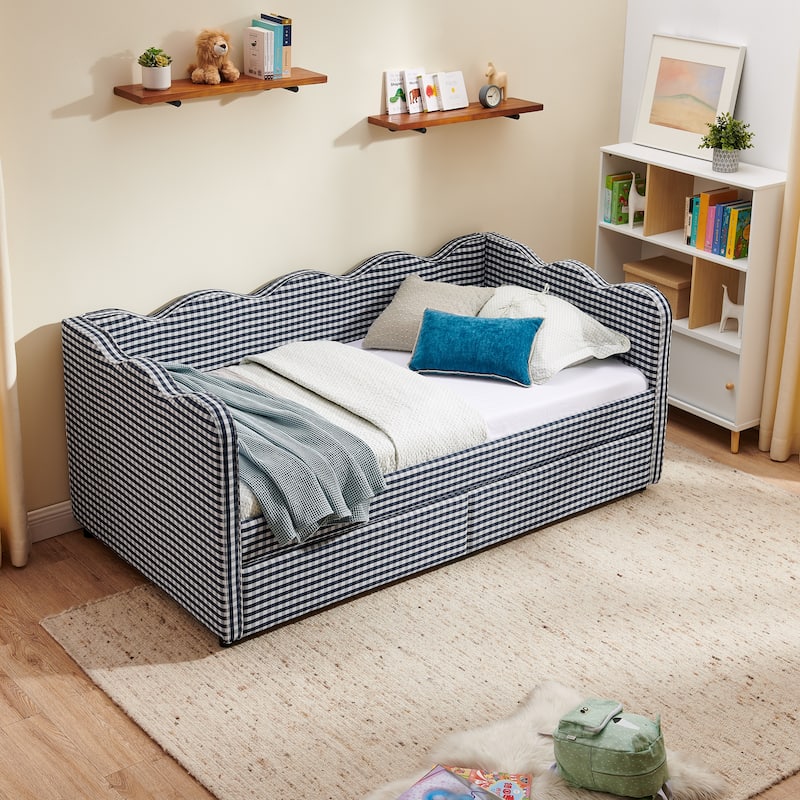 Twin Size Gingham Linen Upholstered Daybed with 2 Storage Drawers, USB Charging Station & Waved Arms