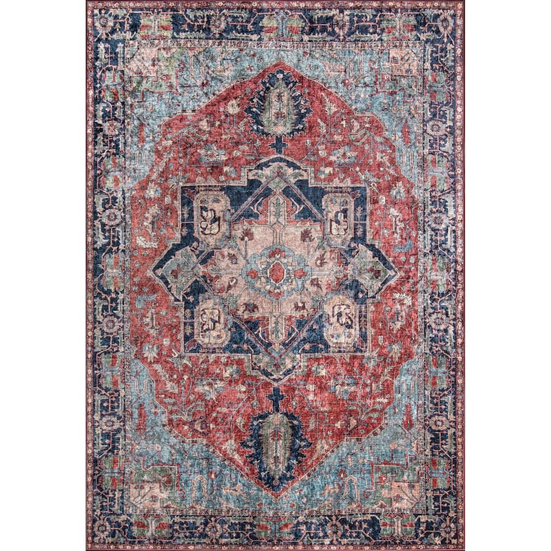 Momeni Karachi Distressed Red/ Navy Medallion Polyester Area Rug - 3'6" X 5'6" - Multi - Runner/Rectangle