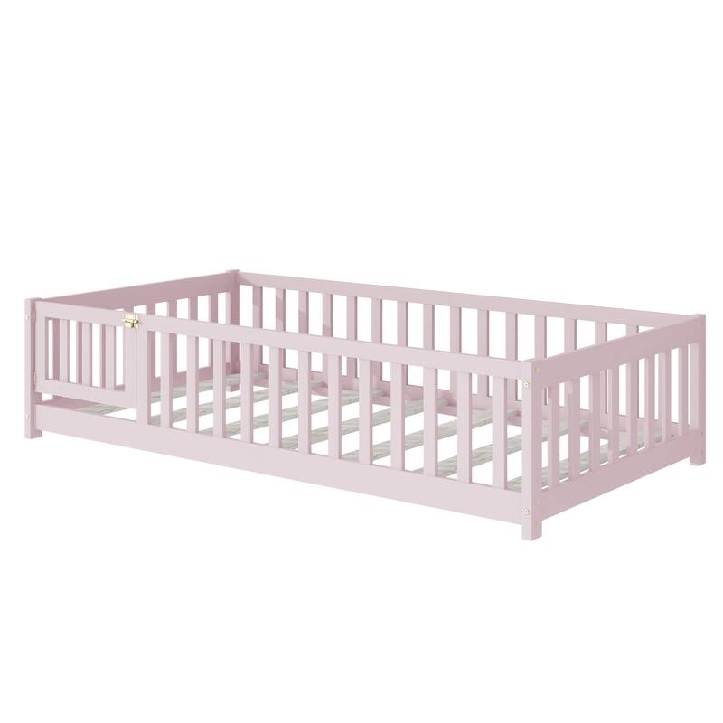 Twin Size Floor Bed with Fence and Door,Rubber Wood Floor Bed with Safety Guardrails