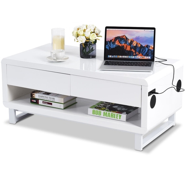 Costway Modern Coffee Table Bluetooth Speakers Drawer Status Light USB Charging Port - White