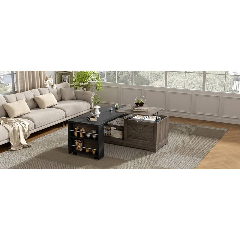 Farmhouse Lift Top Coffee Table With Barn Doors, Wood Rectangle Center Table, With Large Hidden Storage Space