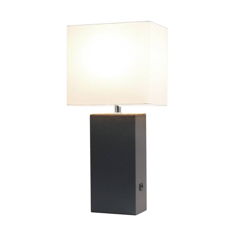 Modern Leather Table Lamp with USB and White Fabric Shade