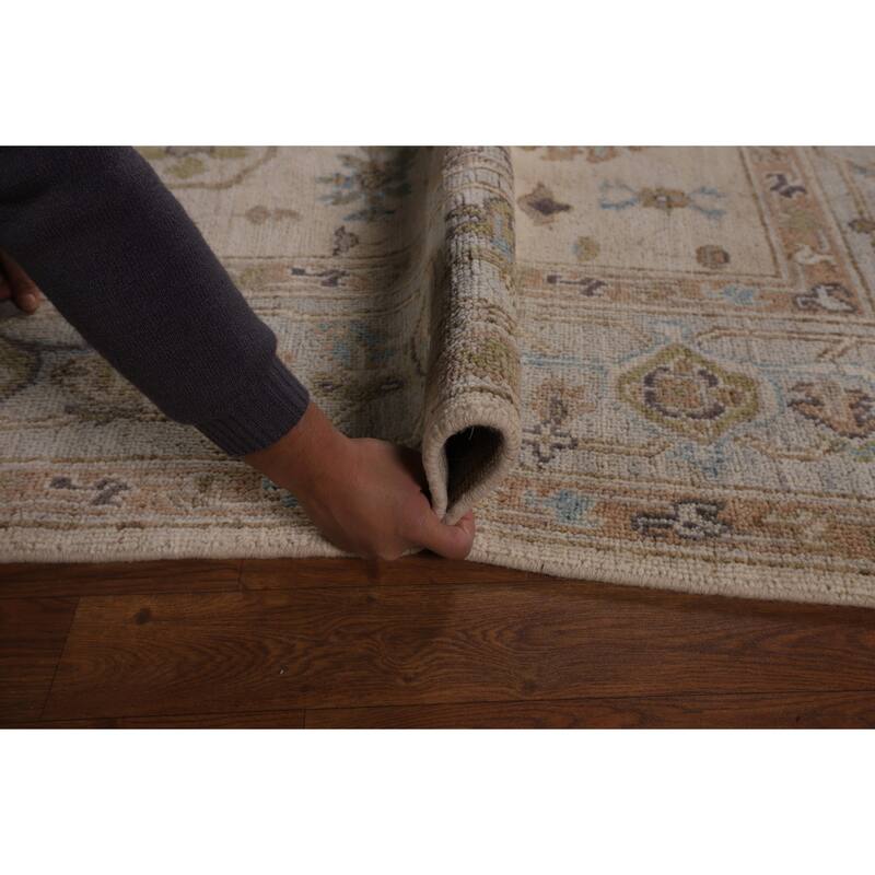 Vegetable Dye Oushak Turkish Area Rug Handmade Beige Wool Carpet - 6'3"x 8'11"