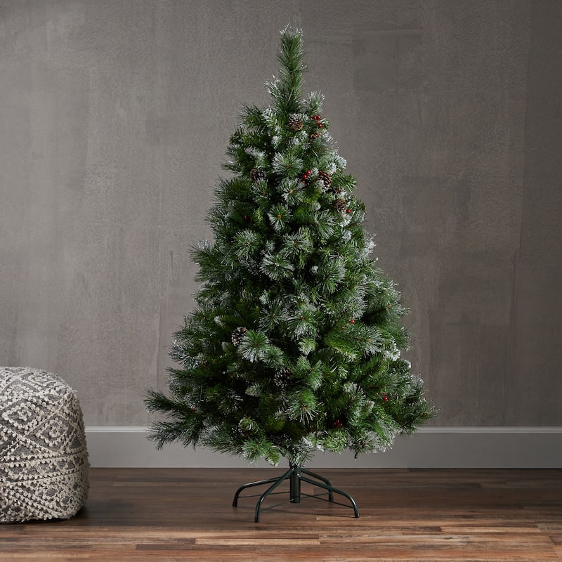 4.5FT Pre-Lit Glitter Bristle Christmas Tree 407 Tips with Red Berries and Pine Cones Ideal for Compact Spaces