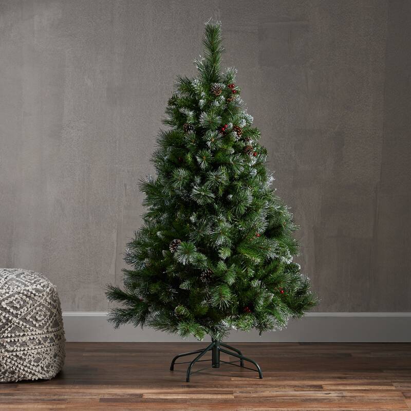 Compact 4.5' Pre-Lit Glitter Pine Tree with Hinged Branches, Red Berries, Pine Cones & 200 Lights