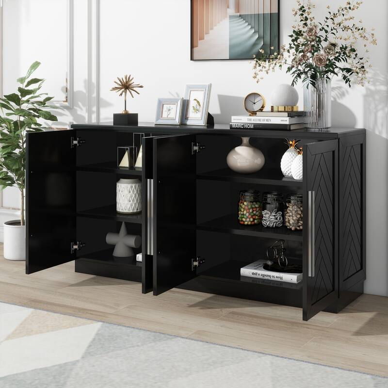 Sideboard with 4 Doors Large Storage Space Buffet Cabinet with Adjustable Shelves and Silver Handles for Kitchen