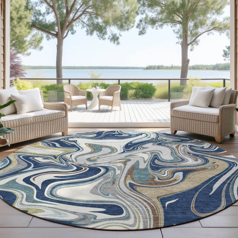 Machine Washable Indoor/ Outdoor Contemproary Fusion Chantille Rug - Navy - 8' x 8'