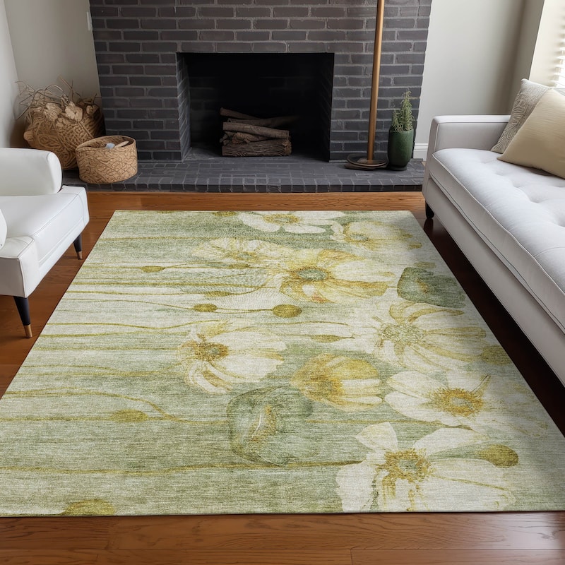 Machine Washable Indoor/ Outdoor Chantille Modern Floral Rug - Sage - 10' x 14'