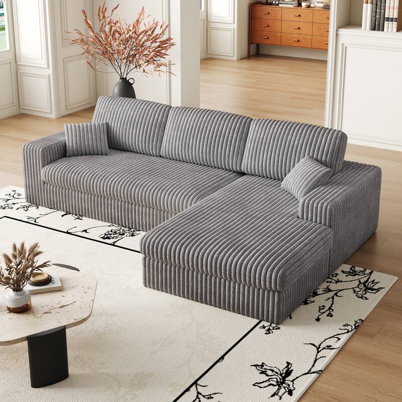 L-Shaped Sectional Sofa with Chaise Lounge, Corduroy Modular Foam Sofa, Upholstered Sofa with 2 Cushion & 2 Throw Pillows
