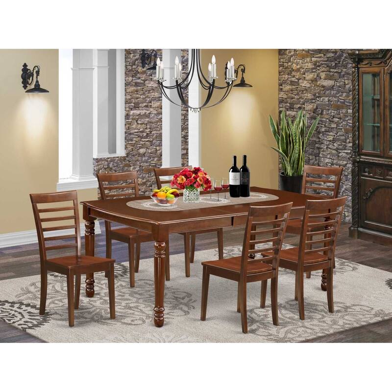 Rectangle Dining Table Set 7pc - 60x78 Inch Table w/ Butterfly Leaf & 6 Wood Chairs