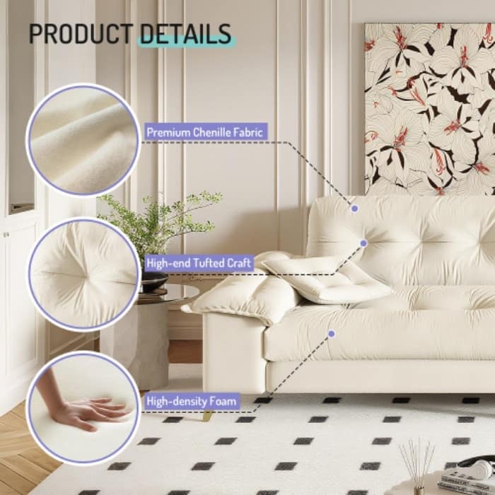104.7" Modern Cloud Sofa, 4-Seat Chenille Upholstered Couch with Wide Removable Armrests and 2 Pillows