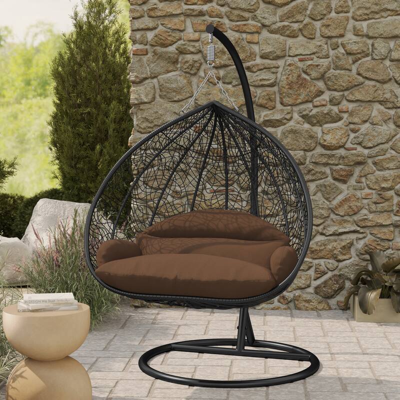 2-Person Outdoor Hanging Egg Chair with Teardrop Frame, Weather-Resistant Cotton Cushioned Seat for Patio and Indoor Use