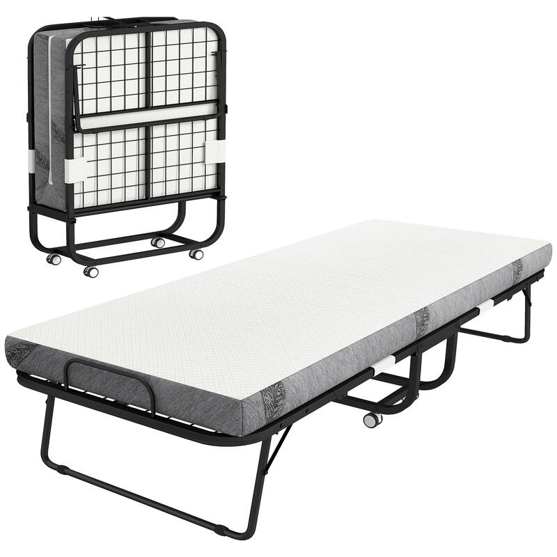HOMCOM Folding Bed with 4 Inch Mattress, Portable Foldable Guest Bed with Sturdy Metal Frame on Wheels - White - Full