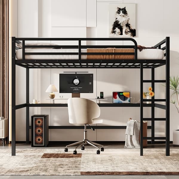 slide 2 of 8, Metal Queen Size Loft Bed with Power Outlet and LED Lighted Black - Queen
