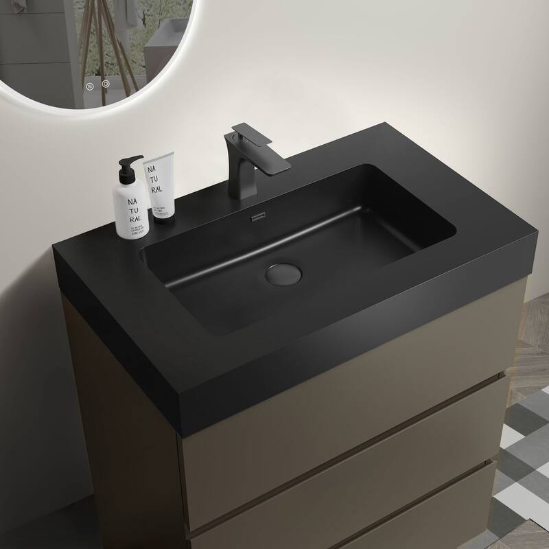 GDFStudio - Alice Walnut Freestanding Bathroom Vanity with One-Piece Matte Black Sink, Modern Handle-Free Design, Pre-Assembled