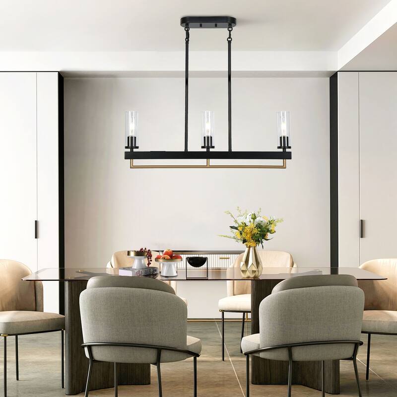 Modern Industrial 3/5-Light Chandelier Black Gold Kitchen Island Light Fixture with Clear Glass for Dining Room