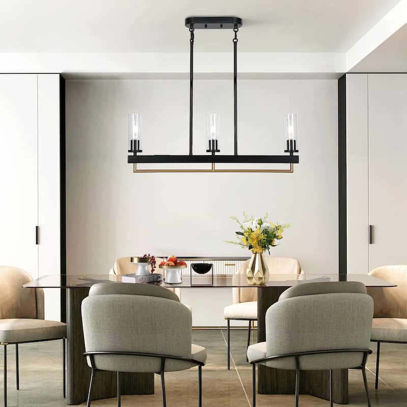 Modern Tradition 3-Light Chandelier Black Gold Kitchen Island Light Fixture with Clear Glass Shades for Dining Room - N/A