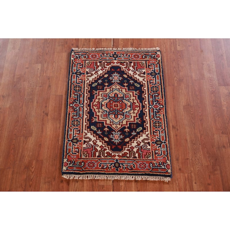 Hand Knotted Oriental 100% Wool Carpet Traditional Medallion Navy Blue & Blues Heriz (serapi) Area Rug - 3' 0'' X 2' 0''