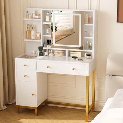 Makeup Vanity Desk with LED Lighting, Large Mirror, 3 Drawers, Cabinet & Open Shelves