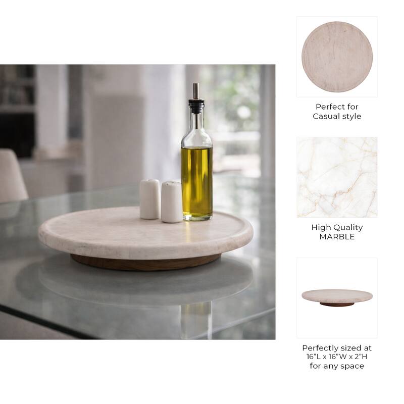 Decorative Tray - Ivory Wood Marble Round Lazy Susan - 16", Ivory - 16" x 16" x 2"