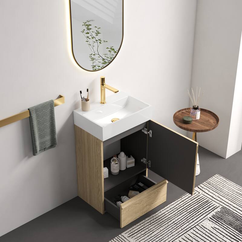 20" Striped Freestanding Bathroom Vanity with Ceramic Sink, Modern Bathroom Storage Cabinet