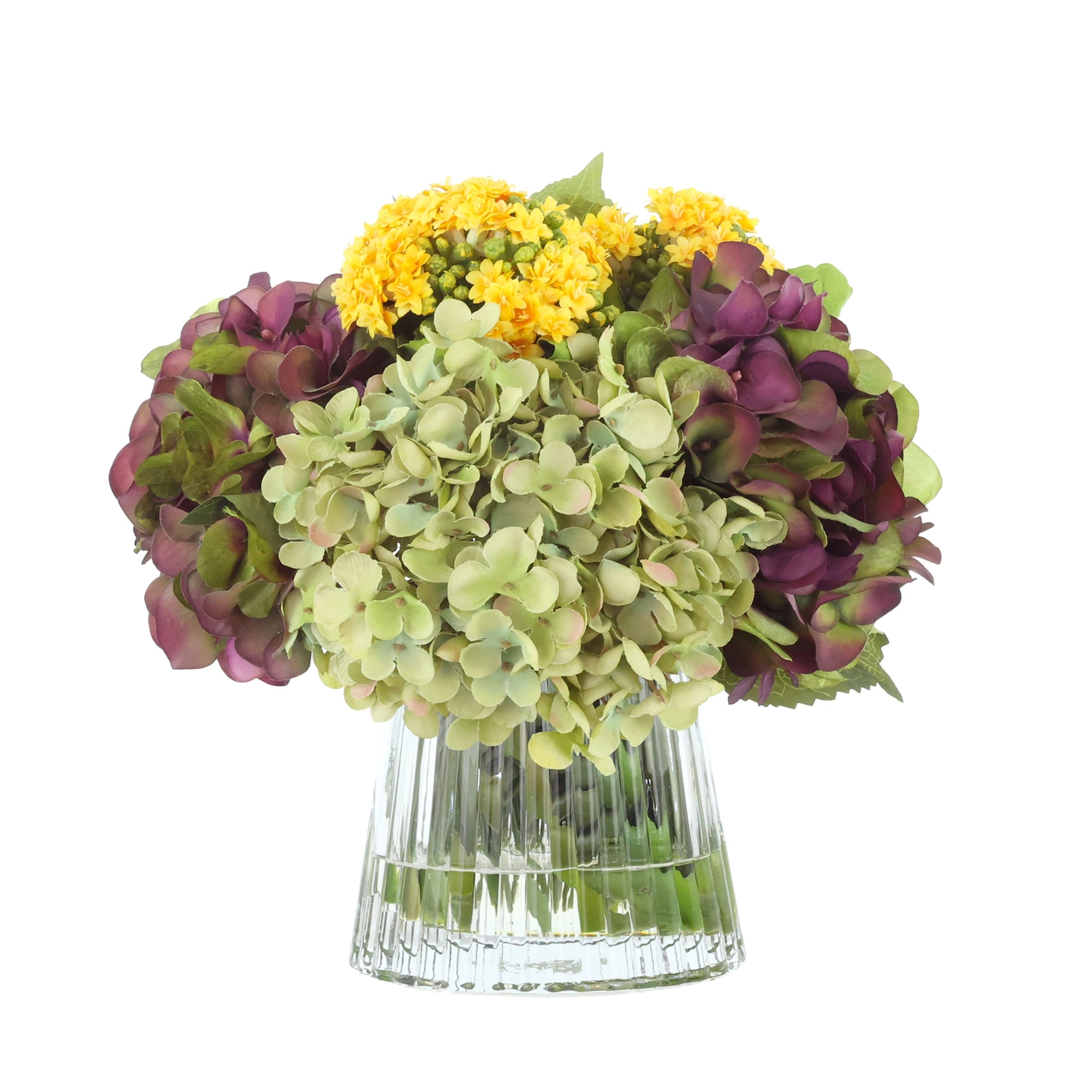 Fall Hydrangea and Kalanchoe Arrangement in Glass Vase