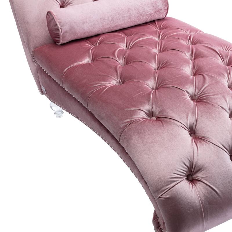 Velvet Tufted Chaise Lounge Chair Ergonomic S Shape Recliner with Pillow, Nailhead Trim and Acrylic Legs for Indoor Use