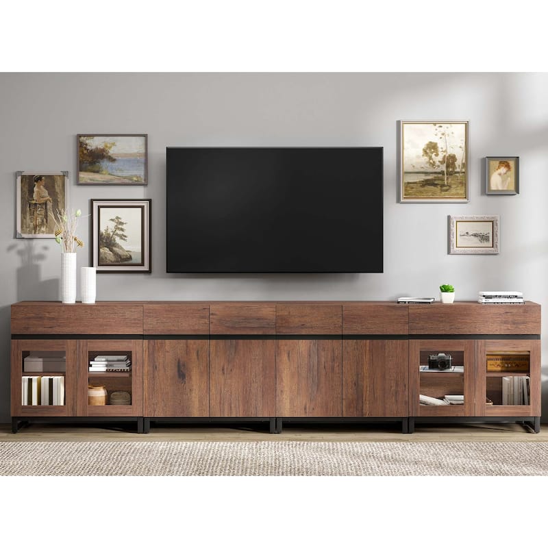 Modern TV Stand for 120" TVs, 4-in-1 Console with Glass Doors & 2 Drawers