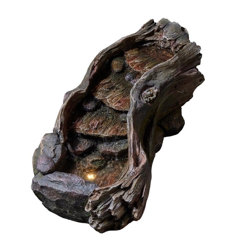 Driftwood and Rock Style Tiered Water Fountain with LED Lights Outdoor Garden Decor