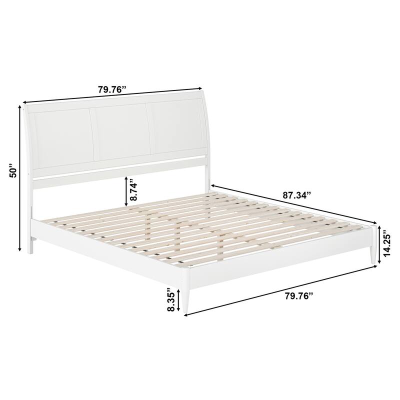 King Size Platform Bed - Solid Wood Sleigh Style Low Profile Bed Frame - White Finish