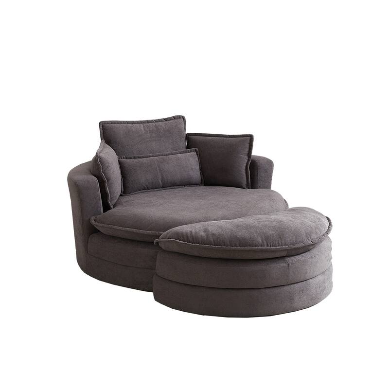 52" Swivel Fabric Big Round Chair with Storage Ottoman and Pillows