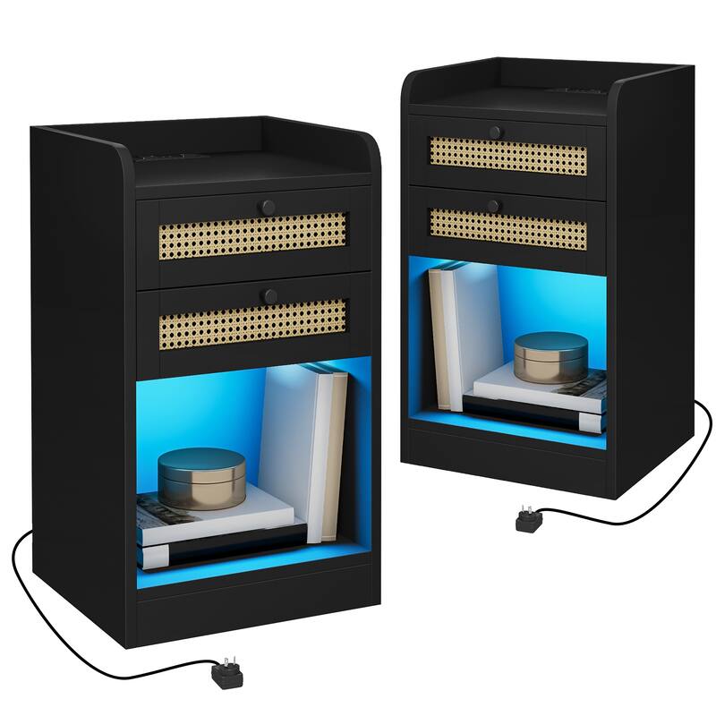 Moasis Rattan Set of 2 Nightstand with Charging Station LED Lights - Black - 2-drawer
