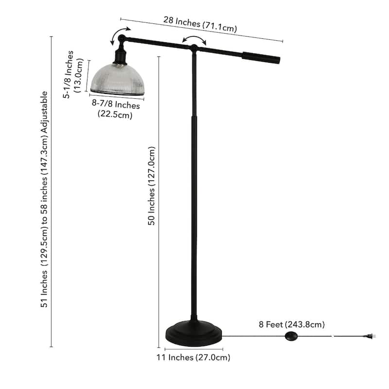 58 Inch Black Swing Arm Floor Lamp with Adjustable Glass Dome Shade - 11" x 32" x 58"