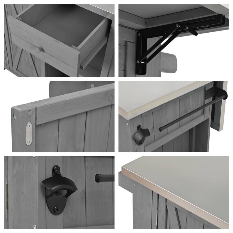 Outdoor Wood Kitchen Island w/ Stainless Steel Top,Towel,Bottle Opener