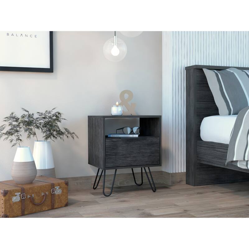FM Furniture Vienna Nightstand with Shelves and Hairpin Legs