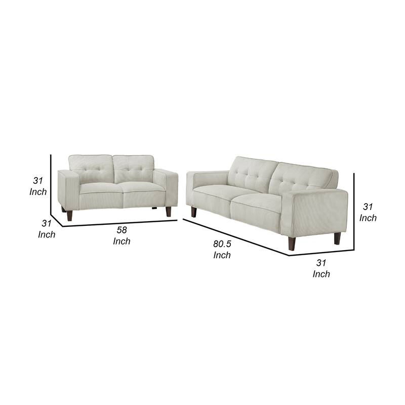 Dero 2pc Modern Sofa Set with Dark Brown Tapered Legs, Tufted Greige