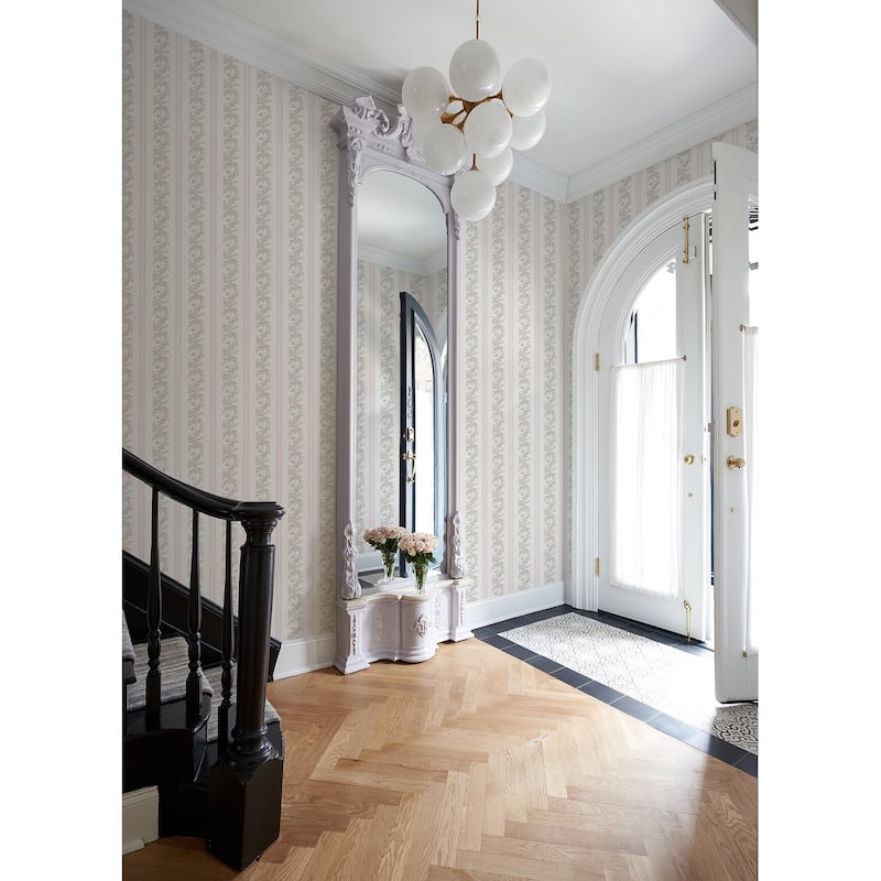 Marigold Wreath Pastel Peach Floral Stripe Wallpaper