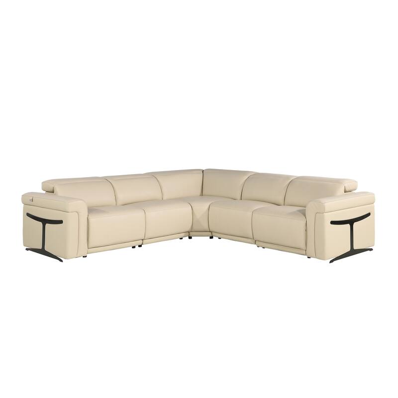 HomeRoots Beige Italian Leather Modular L Shaped Five Piece Corner Sectional
