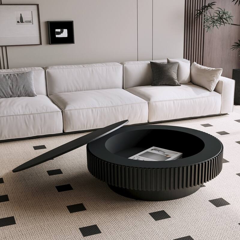 Storage Modern Coffee Table 39.37'' Round Tea Coffee Table - Black