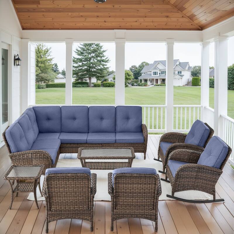 Patio Sectional Sofa Chairs with Rocking Chairs Set - Brown - Blue